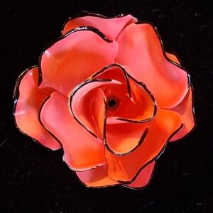Vintage Painted Metal 3D Rose Brooch Coral Pink With Black Trim